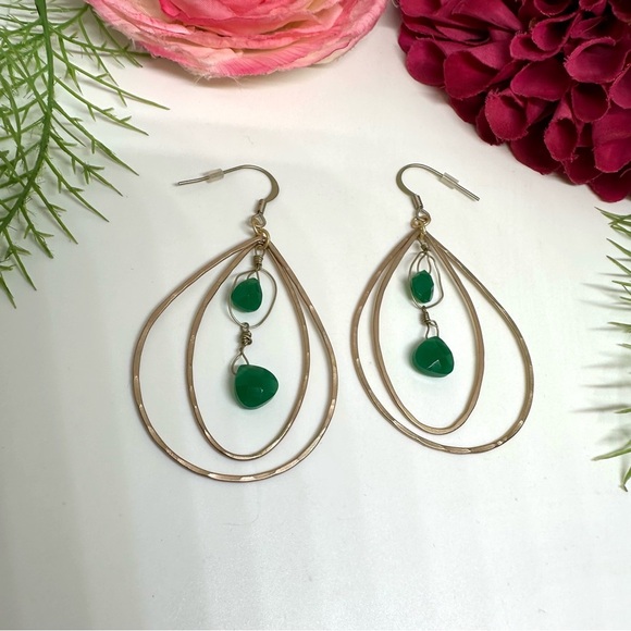 Last Pair!⚜️Emerald Green Crystal Brushed Gold Hoop Earrings - Picture 2 of 4
